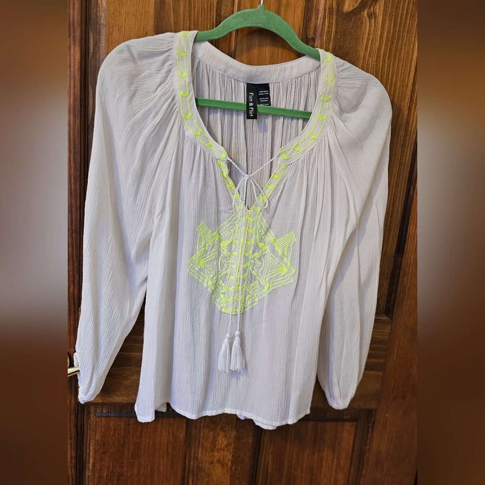 Zara White Blouse with Neon Yellow Embroidery. BOHO